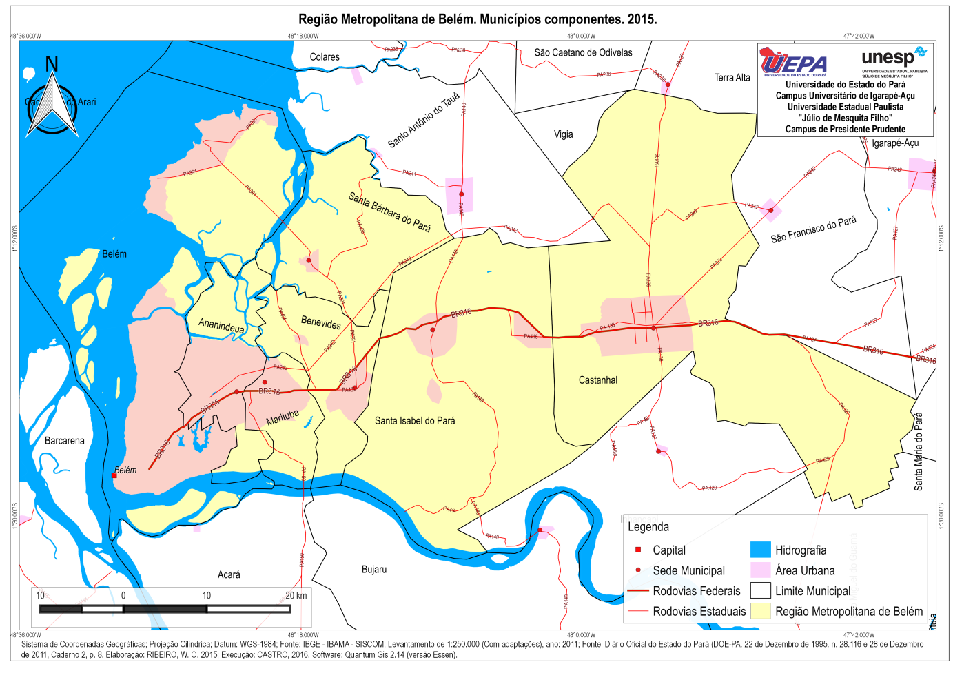 Figura 1 ‒ Regi&atilde;o Metropolitana de Bel&eacute;m. Munic&iacute;pios Componentes (2015).