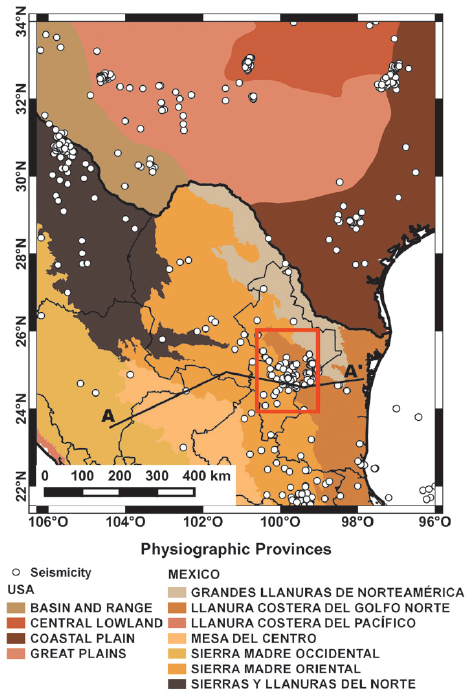 Distribution of seismicity for the 1847- 2012 period for the northeastern Mexico and southern Texas. The physiographic provinces of central USA and northern Mexico are indicated by the different colors. The red rectangle is the study area. The solid line A - A' corresponds to the profile of the gravity model proposed by Bartolini and Mickus (2001) used in Figure 10.