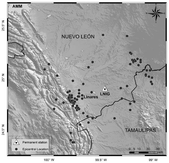 Preliminary epicentral locations obtained using a single station method (LNIG station) for the seismic sequence of July-December 2012 in the state of Nuevo Leon.