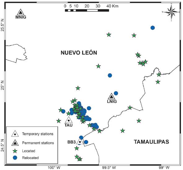 Epicentral comparison between the relocated events using the temporal seismic network (blue dots) and by the one station method using the LNIG (green stars). The new epicentral locations are concentered to the southwest of LNIG.