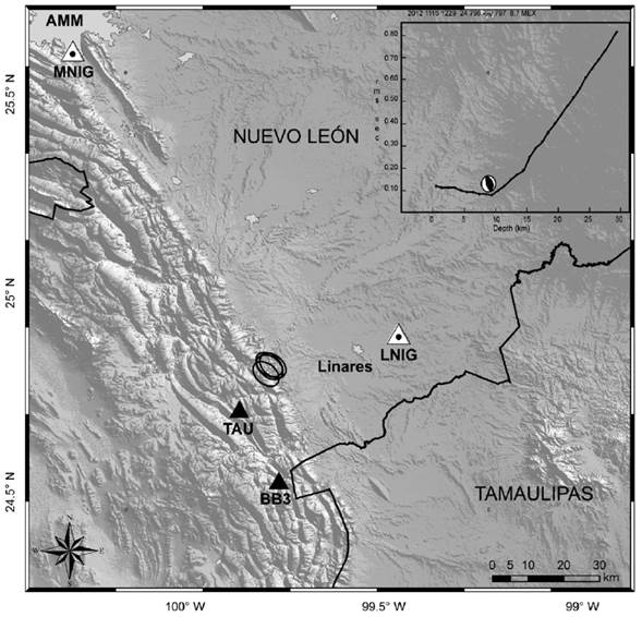 Error ellipses of the four best relocate earthquakes that used the complete four-station network. The upper right corner shows the change of the rms of travel time errors as a function of the focal depth for the 16 November 2012 earthquake.