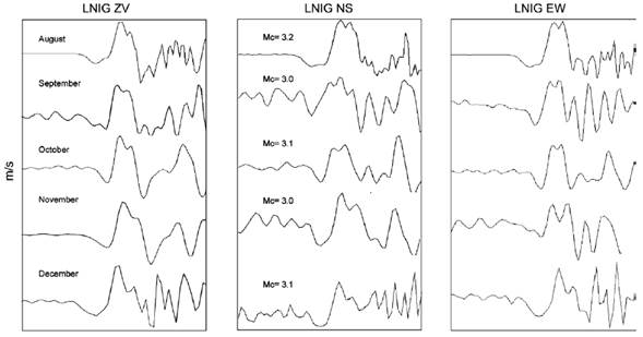 Similarities between waveform for some representative earthquakes of the seismic swarm recorded in LNIG.
