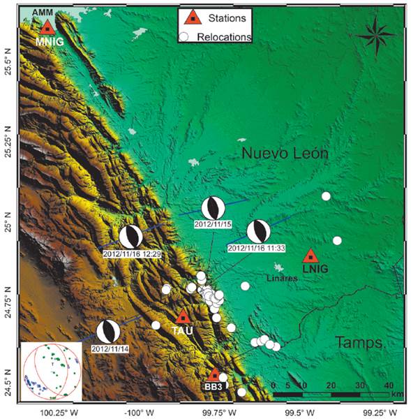 Comparison of relocations and focal mechanisms for the seismic sequence from July to December 2012 in the Nuevo Le&oacute;n state. The composite focal mechanism is shown at the bottom left corner.