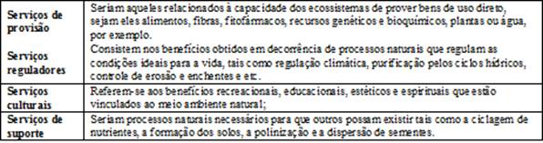 Distin&ccedil;&atilde;o entre servi&ccedil;os de provis&atilde;o, servi&ccedil;os reguladores, servi&ccedil;os culturais e servi&ccedil;os de suporte