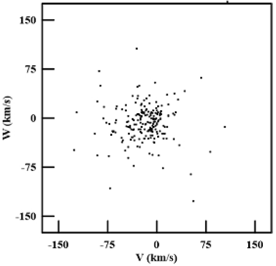 V &minus;W velocity distribution of 209 WD (25 pc sample).