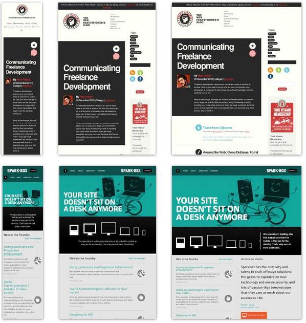 Examples of different layouts of responsive websites. (Media Queries)