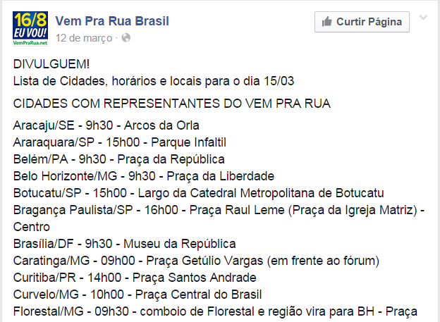 postagem sobre a organiza&ccedil;&atilde;o de movimento pelo Vem Pra Rua Brasil no Facebook.