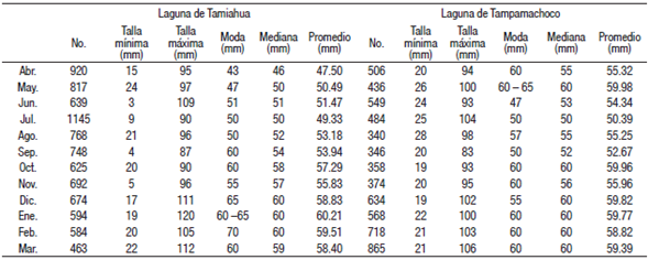 Estad&iacute;stica descriptiva general de Crassostrea virginica en el periodo abril 2011-marzo 2012 en las laguna de Tamiahua y Tampamachoco, estado de Veracruz, M&eacute;xico.