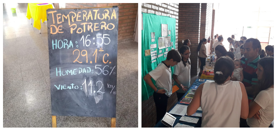 Diferentes estrategias de comunicación en Escuela Alfonsina Storni. a) Pizarrón doble faz de vereda ubicado en la escuela, b) Stand en la muestra anual “EXPO Alfonsina”, noviembre 2019.