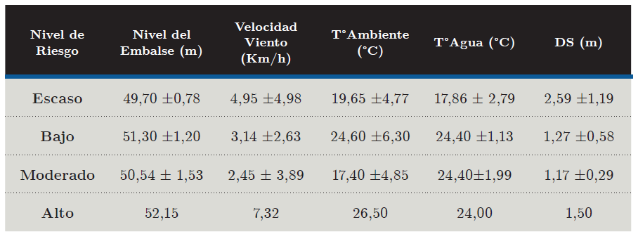 Valores medios y desvíos por nivel de riesgo y para cada variable medida.