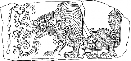 Representaci&oacute;n de c&aacute;nidos en Techinantitla. C&aacute;nido con estrella de cinco picos en el vientre, colecci&oacute;n privada, dibujo de Latsanopoulos (2002).