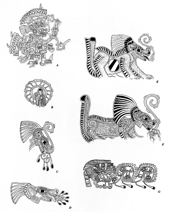 Representaciones y atributos de c&aacute;nidos en el Patio Blanco de Atetelco. A) Guerrero coyote del P&oacute;rtico 1. B) Medall&oacute;n con cabeza de c&aacute;nido del P&oacute;rtico 1, C) Cabeza de c&aacute;nido en cenefa del P&oacute;rtico 2, D) Cabeza de c&aacute;nido en cenefa del P&oacute;rtico 2, E) Coyote del P&oacute;rtico 1, F) Lobo del P&oacute;rtico 2, G) Cabeza de c&aacute;nido con cuerpo serpentino de cenefa del P&oacute;rtico 2, tomado de Latsanopoulos (2002).