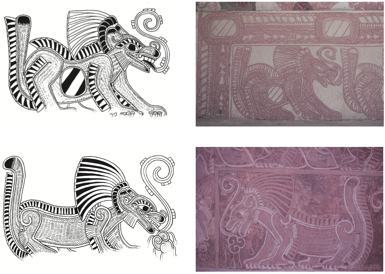 Diferencias para representar al coyote con el circulo en el est&oacute;mago y al lobo con coraz&oacute;n y banda de plumas en los codos y rodillas, insignia de jerarqu&iacute;a. Dibujos tomados de Latsanopoulos (2002).