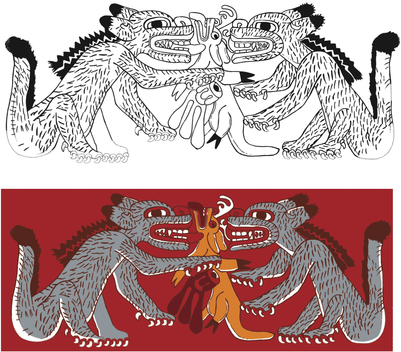 Representaci&oacute;n de c&aacute;nidos en Techinantitla. Coyotes sacrificando a un ciervo, colecci&oacute;n Wagner, museo San Francisco California, dibujos de Latsanopoulos (2002).