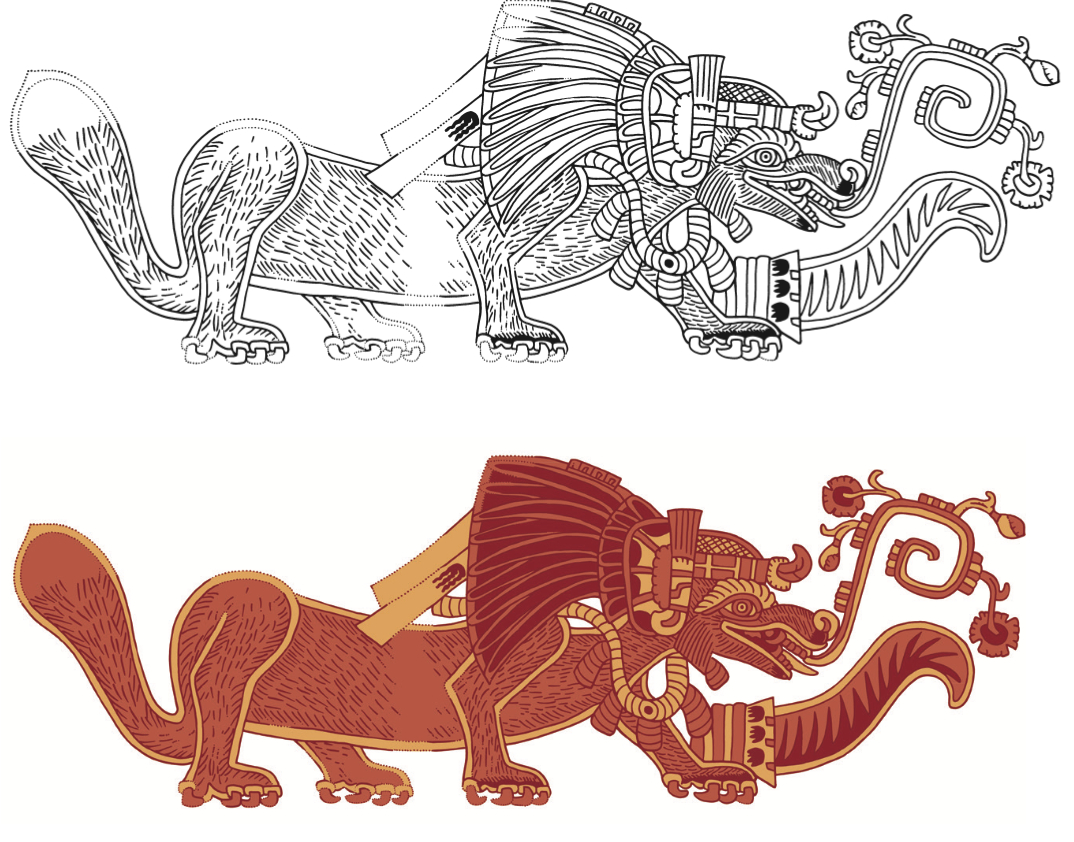 Representaci&oacute;n de c&aacute;nidos en Techinantitla. lobo con cuchillo sacrificador localizado en el Museo Nacional de Antropolog&iacute;a, dibujos de Latsanopoulos (2002).