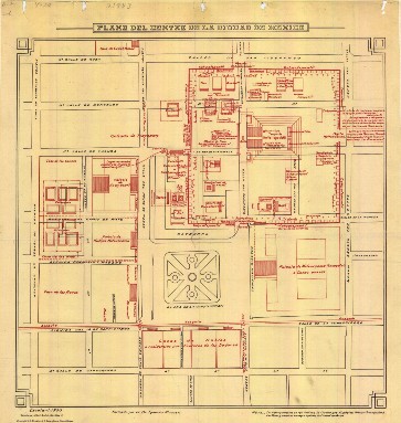 Plano del centro de Ciudad de M&eacute;xico. Ignacio Alcocer e Andr&eacute;s Sanchez (Direcci&oacute;n de Estudios Geogr&aacute;ficos y Climatol&oacute;gicos). 56 x 56 cm. S&eacute;culo XX (c. 1935),. Mapoteca Manuel Orozco y Berra del Servicio de Informaci&oacute;n Agroalimentaria y Pesquera, SAGARPA, M&eacute;xico, D.F. O mapa apresenta a sobreposi&ccedil;&atilde;o da planta da antiga Tenochtitlan em tra&ccedil;os vermelhos e, em tra&ccedil;os pretos, a planta da Cidade do M&eacute;xico. A imagem quadrangular na &aacute;rea central inferior refere-se &agrave; atual Pra&ccedil;a da Constitui&ccedil;&atilde;o.