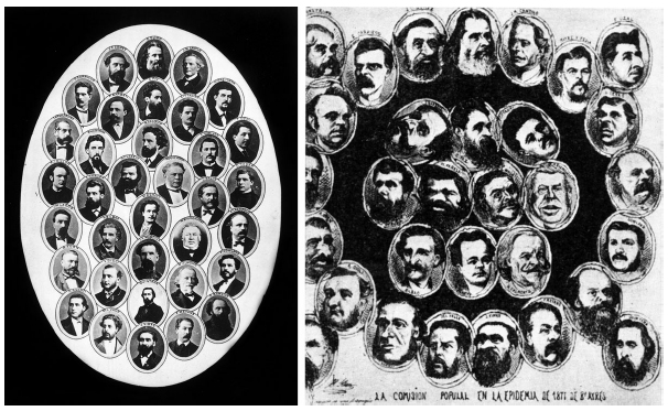 Izquierda: La Comisi&oacute;n Popular de la epidemia de fiebre amarilla. Mosaico fotogr&aacute;fico de Bartolom&eacute; Loudet, 1871, AGN. Derecha: La Comisi&oacute;n Popular en la epidemia de 1871 de Bs Ayres. Caricatura de Henri Stein publicada en El Mosquito (16 nov. 1871)