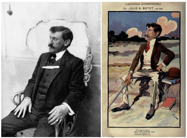 Izquierda: Julio Botet. Fotograf&iacute;a de Alejandro Witcomb, ca. 1900, AGN. Derecha: Julio Botet. Caricatura de Cao publicada en Caras y Caretas (330, 28 ene. 1905)