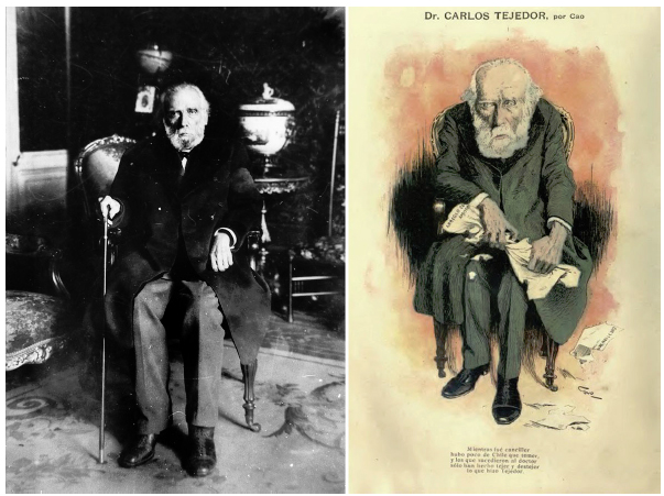 Izquierda: Carlos Tejedor. Fotograf&iacute;a de autor no identificado, ca. 1901, AGN. Derecha: Carlos Tejedor. Caricatura de Cao publicada en Caras y Caretas (168, 21 dic. 1901)
