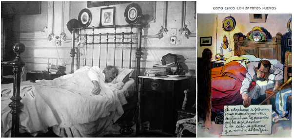 Izquierda: Mitre agonizando en su lecho de muerte. Fotograf&iacute;a atribuida a Salom&oacute;n Vargas Machuca, enero de 1906, AGN. Derecha: &ldquo;Como chico con zapatos nuevos&rdquo;, caricatura de Cao publicada en Caras y Caretas (383, 3 feb. 1906)