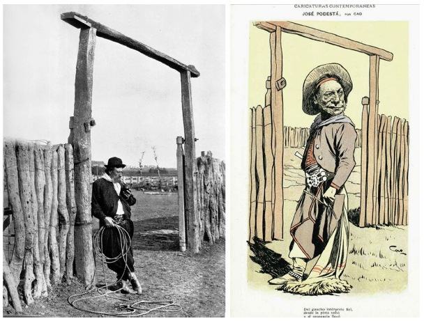 Izquierda: Fotograf&iacute;a de Francisco Ayerza ca. 1894, publicada en Escenas del campo argentino. Derecha: Jos&eacute; Podest&aacute;. Caricatura de Cao publicada en Caras y Caretas (252, 1 ago. 1903)