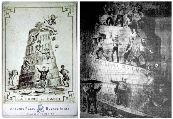 Izquierda: La Torre de Babel. Fotomontaje con fotograf&iacute;as de Antonio Pozzo y dibujos de F. Mac&iacute;as, ca. 1877, CEDODAL. Derecha: La torre de la conciliaci&oacute;n. Caricatura de Henri Stein publicada en El Mosquito (6 sept. 1877)