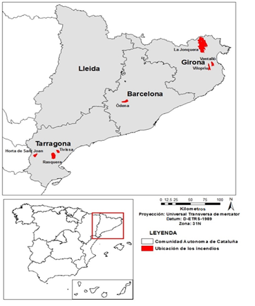 Localizaci&oacute;n general y ubicaci&oacute;n de los siete incendios dentro de la
							zona de estudio.