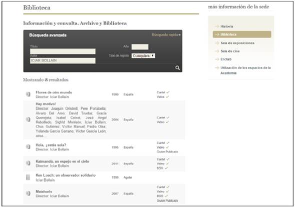 Catálogo de la Biblioteca. Formulario de búsqueda y pantalla de resultados.