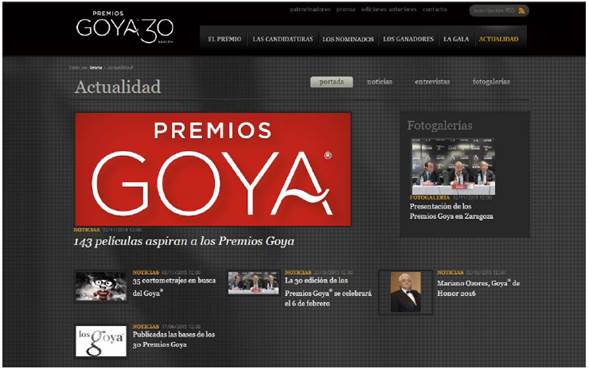Página oficial de los Premios Goya. Sección "Actualidad" con acceso a las fotogalerías.