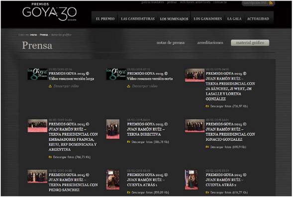 Página oficial de los Premios Goya. Acceso al material gráfico desde el área de prensa