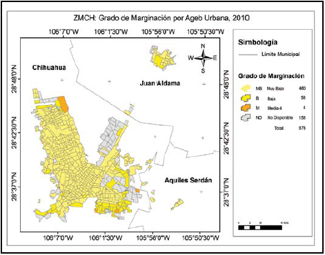 En el
año 2010, 76.33% de las AGEB se encontraban en niveles de marginación baja o muy baja.