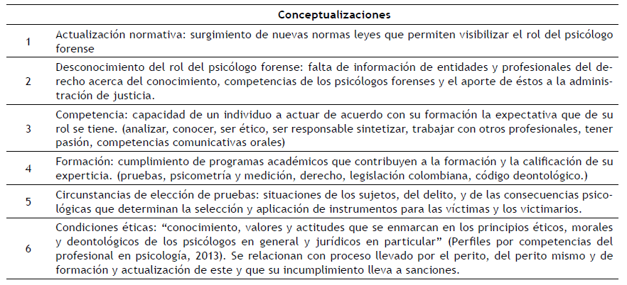 Categoras encontradas en relacin con la actividad del perito.