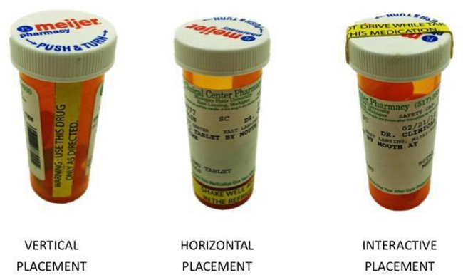 Placement of auxiliary warning labels on push and turn closure vial