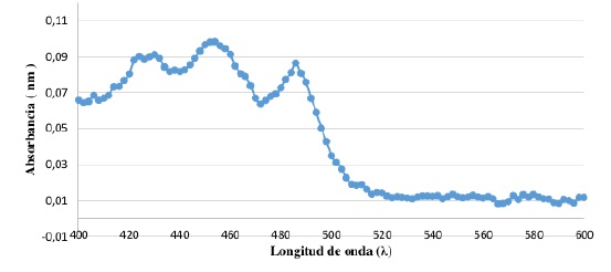 Absorbancia en funci&oacute;n de la longitud de onda del N&ndash;Hexano al 0,1040 % p/v (N&ndash;Hexano muestra patr&oacute;n)