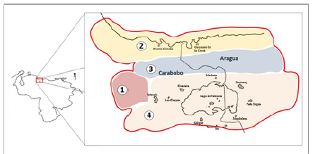 Ubicación aproximada de la región tacarigüense y sus paisajes
culturales en el contexto del siglo XVI: 1) paisaje de valle inter-montano Occidental; 2) paisaje costero del Norte; 3) paisaje cordillerano Central; y 4) paisaje lacustre del
Sur.