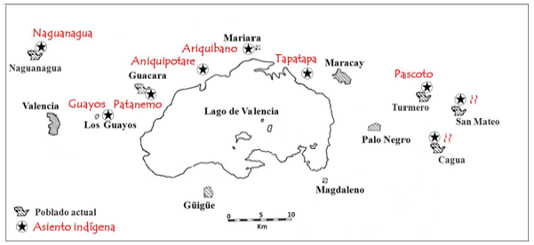 Posible ubicación de los
asentamientos indígenas de la cuenca valenciana del dieciseiseno.