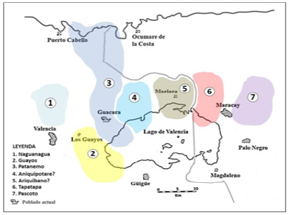 Reconstrucción aproximada, según los datos a
disposición, de los territorios de influencia de algunos de los indígenas
principales de la cuenca del lago de Valencia durante su toma de posesión por Juan de Villegas en 1547.