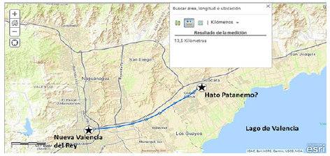 Determinación espacial del hato
Patanemo utilizando la aplicación arcgis. Nótese que la distancia de 2, 5
leguas (13,75 km) de separación entre esta unidad de producción y la Nueva Valencia del Rey es concordante con la
distancia que separa el actual casco central de Valencia de la entrada Oeste del
poblado de Guacara.