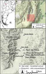 a) Mapa del valle de Santa María o Yocavil, República Argentina. b) localidades actuales y sitios arqueológicos mencionados en el texto.
