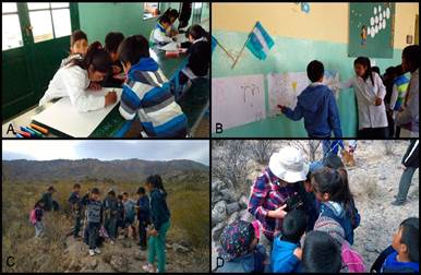 a. Actividad de mapas mentales, b. Puesta en común de los mapas, c. Salida de campo; parada sobre un mortero comunal, d. Ubicación espacial con ayuda de Smartphone y GPS.