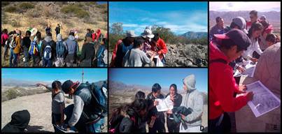 a. El cacique de la Comunidad Originaria Ingamana pidiendo permiso a la Pachamama para ingresar al sitio arqueológico, b. Paradas interpretativas utilizando el plano del sitio, c-d. los chicos de San José y Casa de Piedra mapeando desde la cima del Calvario en la Loma Redonda de Tilica.
