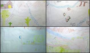 Ejemplos de mapas mentales realizados por los estudiantes de la escuela secundaria de Andalhuala del Alto. En dos dibujos aparecieron sitios arqueológicos: el Cerro de la cruz (como llaman al cerro que tiene el Calvario), mencionando que en su base había un cementerio e indicado con el dibujo de un ataúd, el sitio “El Rincón” (También denominado Don Mateo) y la Mesada de Andalhuala Banda, que uno de los chicos reconoció cuando hicimos nuestra presentación de la arqueología de la zona.