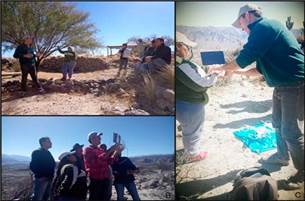 a. Reunión en Loma Rica de Shiquimil entre autoridades, vecinos y arqueólogos, b y c. Jornadas de mapeo participativo con dron.