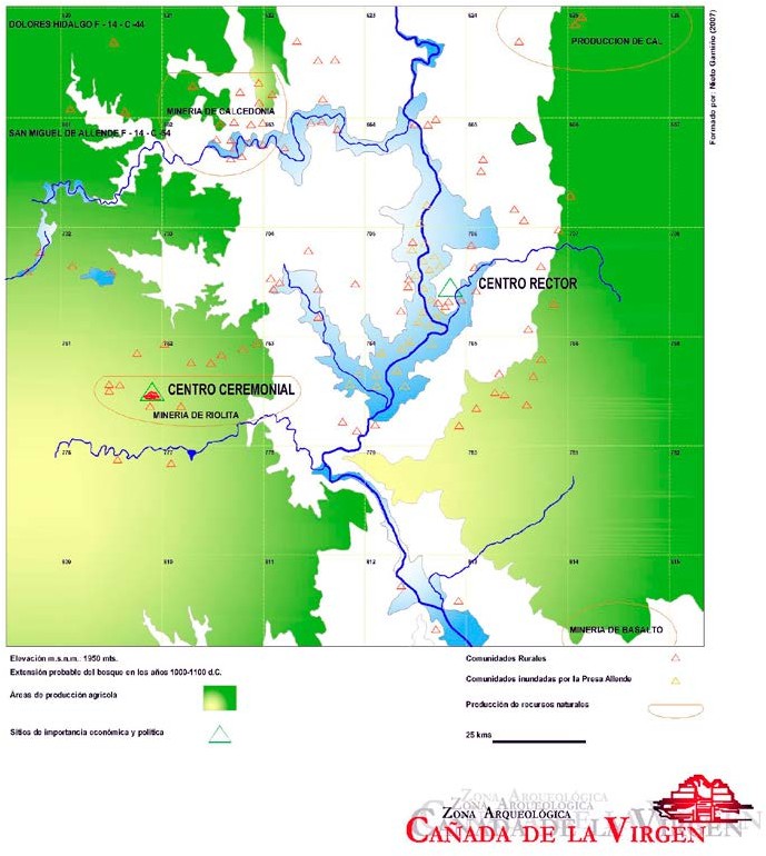Plano de la Cuenca central del R&iacute;o Laja y
distribuci&oacute;n de sitios arqueol&oacute;gicos (Ref. Luis Felipe Nieto (2007) 