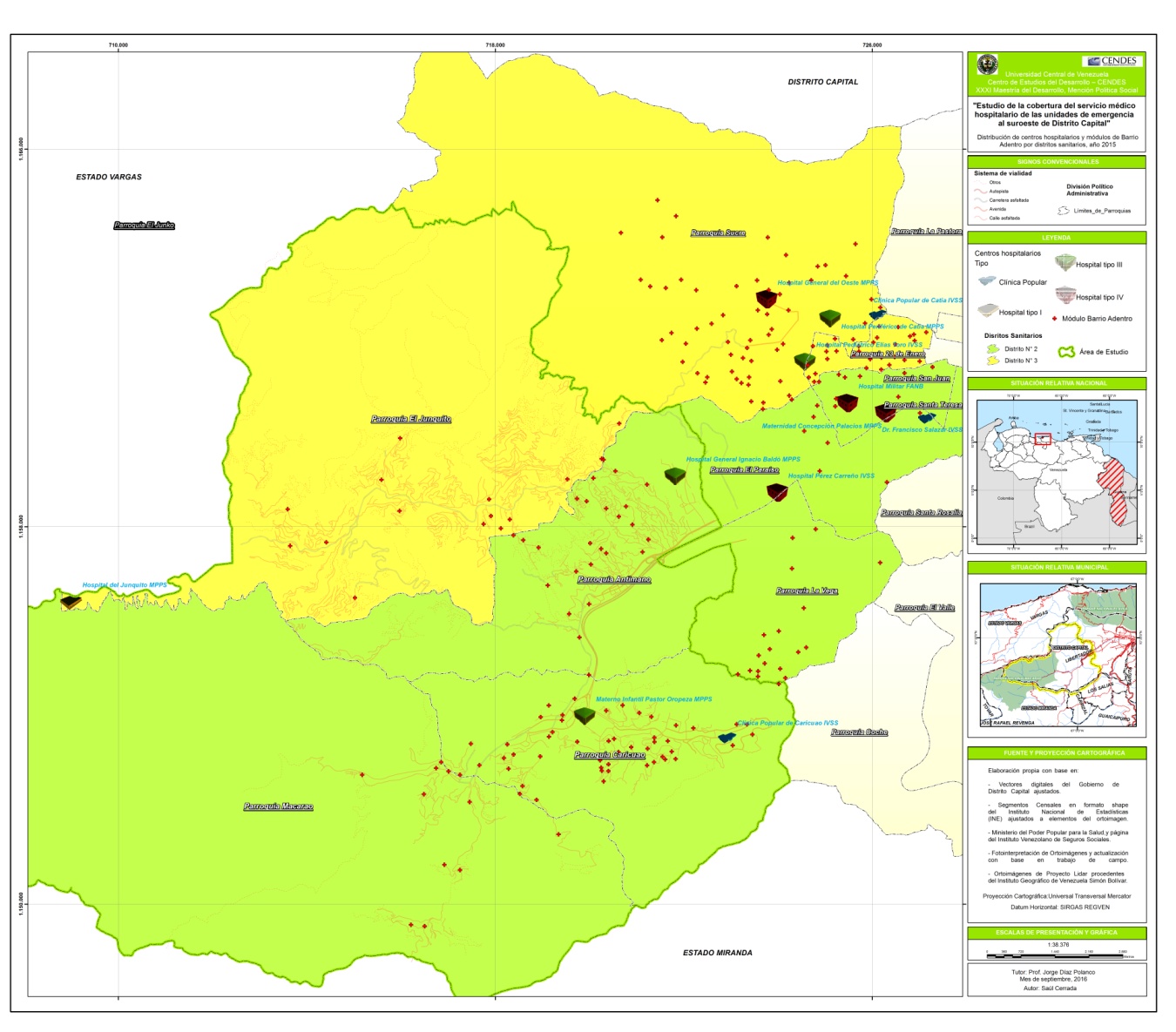 Distribución de centros
     hospitalarios y módulos de Barrio Adentro por distritos sanitarios, año
     2015
