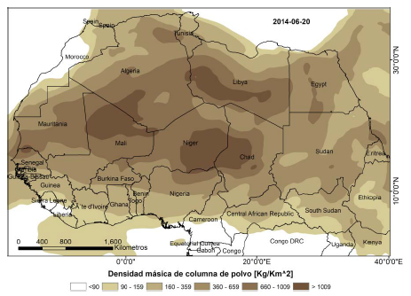 Fuente de polvo sahariano. Promedio de 24 horas con resolución espacial de 0,5 x 0,625°.