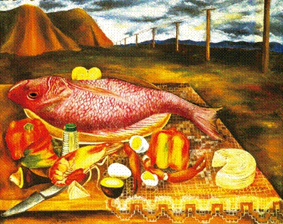 María Izquierdo, Naturaleza viva con huachinango (1946). Óleo sobre tela, 60 x 75 cm. Colección particular. Fotografía deFrancisco Kochen. Reproducido con el permiso de María Rosenda López Posadas, representante legal de la propiedad intelectual de María Izquierdo.