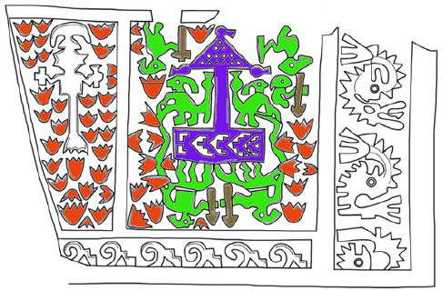 Ilustraci&oacute;n del mural con escena de recolecci&oacute;n de Spondylus spp. en Huaca Las Balsas, T&uacute;cume 