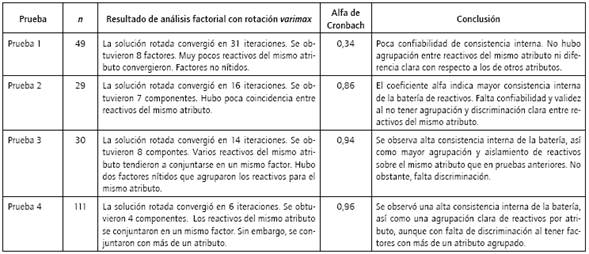 Resultados de pruebas preliminares de la subescala de atributos intangibles.