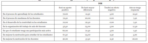 Opini&oacute;n de directivos sobre posibles efectos del 
			Programa Conectar Igualdad (en porcentaje).